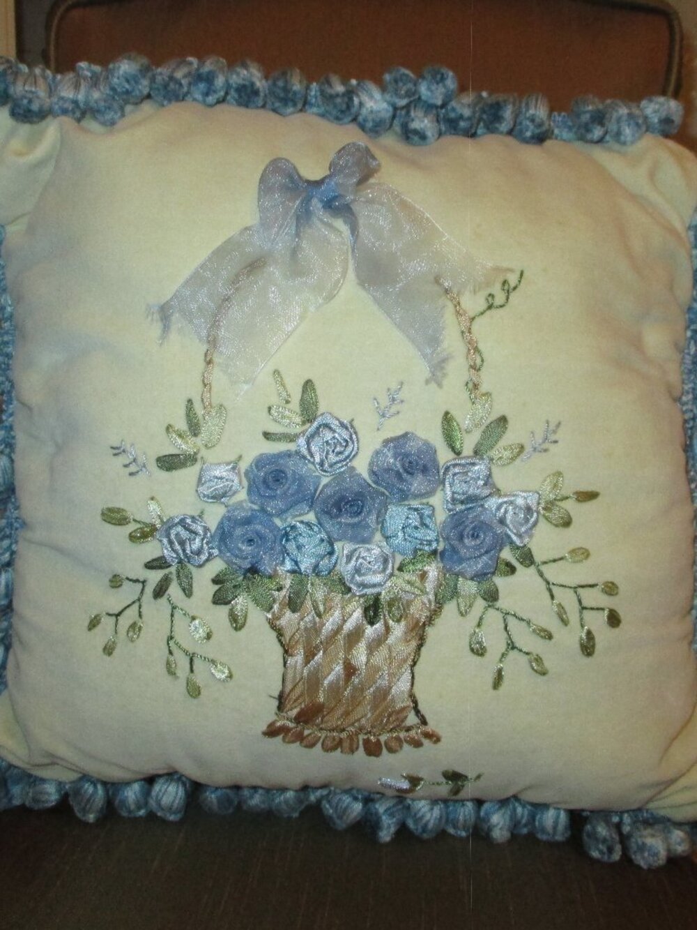 Vintage Embroidered Flower Basket Pillow